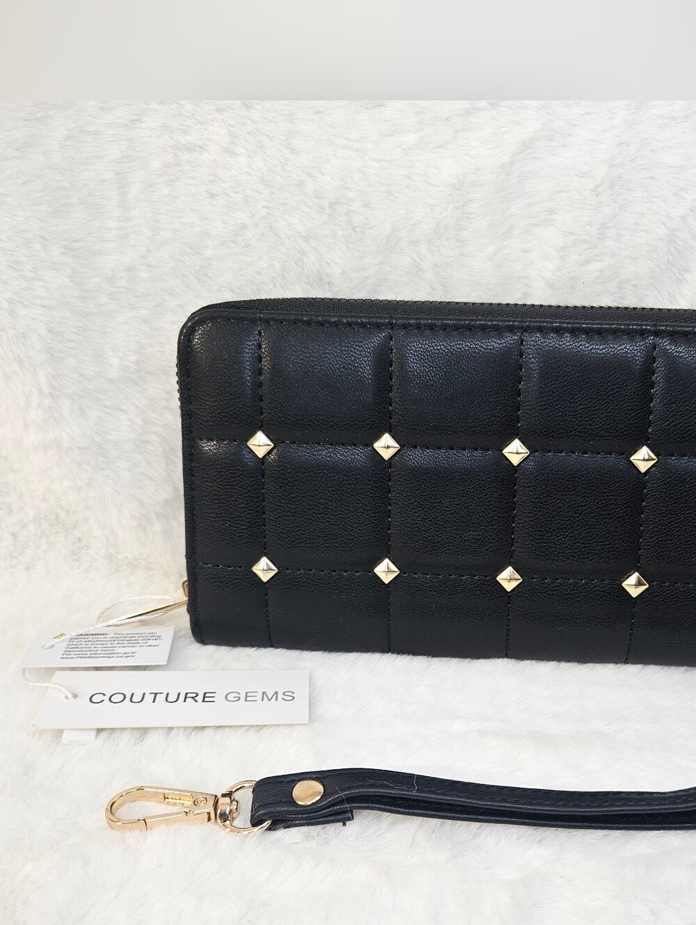 Black Quilted Wristlet Wallet with Gold Studs